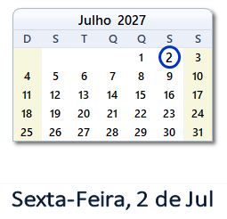 2 Julho 2027 calendario