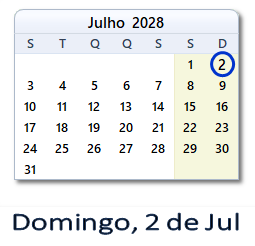 2 Julho 2028 calendario