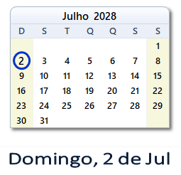 2 Julho 2028 calendario
