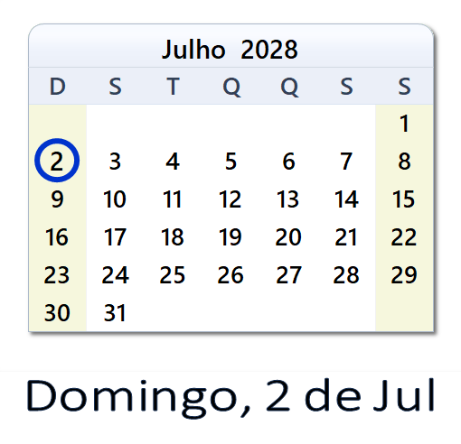 2 de Jul, 2028 Calendário com Feriados e Cont. Regressiva - BRA