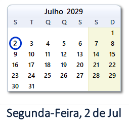 2 Julho 2029 calendario