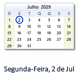 2 Julho 2029 calendario