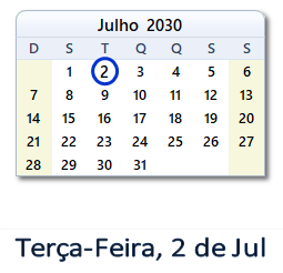 2 Julho 2030 calendario