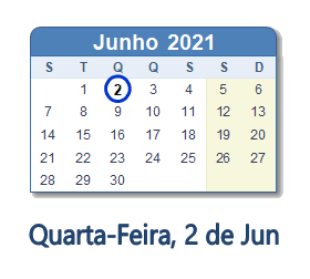 2 Junho 2021 calendario