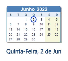 2 Junho 2022 calendario