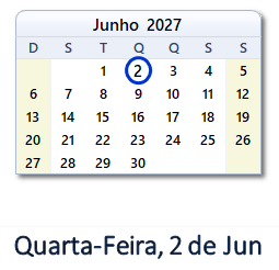 2 Junho 2027 calendario