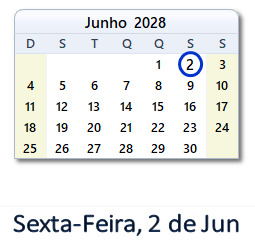 2 Junho 2028 calendario