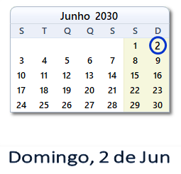 2 Junho 2030 calendario
