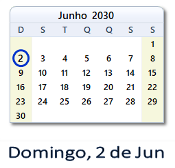 2 Junho 2030 calendario