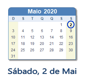 2 Maio 2020 calendario