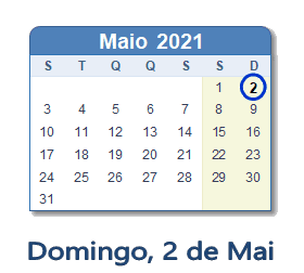 2 Maio 2021 calendario