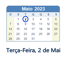 2 Maio 2023 calendario