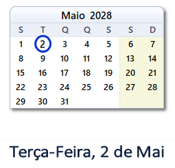 2 Maio 2028 calendario