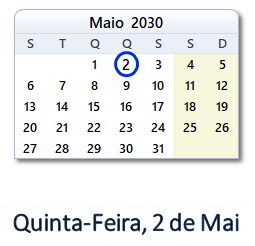 2 Maio 2030 calendario