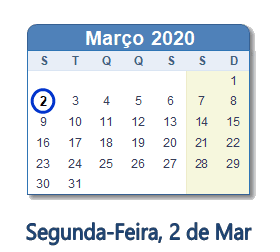 2 Março 2020 calendario