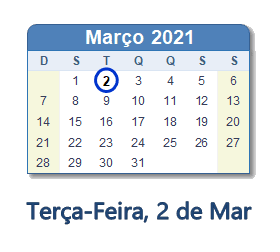 2 Março 2021 calendario