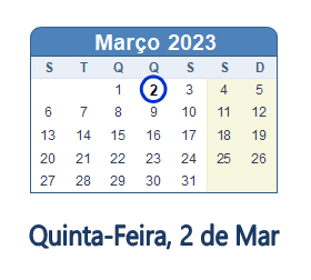 2 Março 2023 calendario