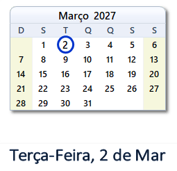 2 Março 2027 calendario