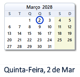 2 Março 2028 calendario