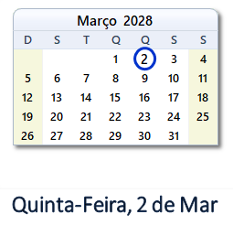 2 Março 2028 calendario