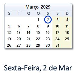 2 Março 2029 calendario