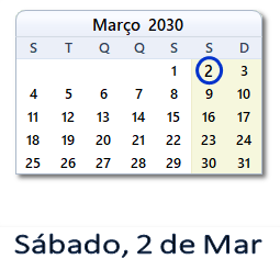 2 Março 2030 calendario