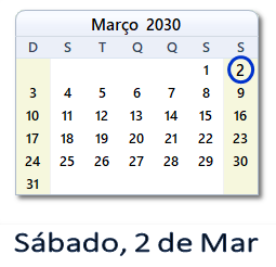 2 Março 2030 calendario