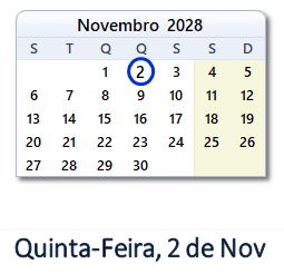 2 Novembro 2028 calendario