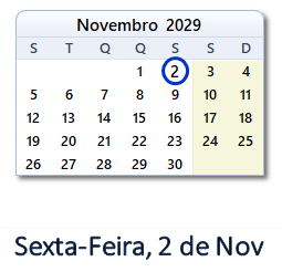 2 Novembro 2029 calendario