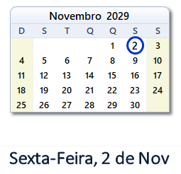 2 Novembro 2029 calendario