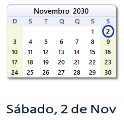 2 Novembro 2030 calendario