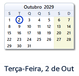 2 Outubro 2029 calendario