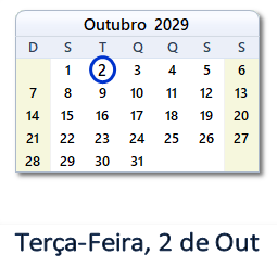 2 Outubro 2029 calendario