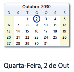 2 Outubro 2030 calendario