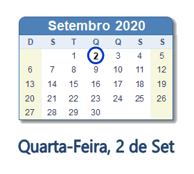 2 Setembro 2020 calendario