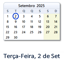 2 Setembro 2025 calendario