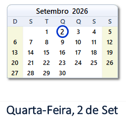 2 Setembro 2026 calendario