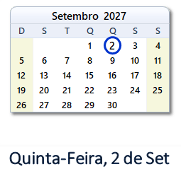 2 Setembro 2027 calendario