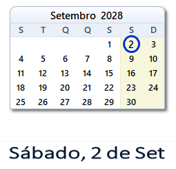 2 Setembro 2028 calendario