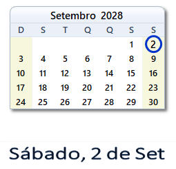 2 Setembro 2028 calendario