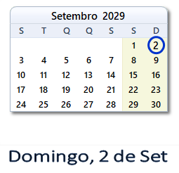 2 Setembro 2029 calendario