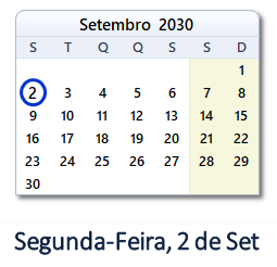 2 Setembro 2030 calendario