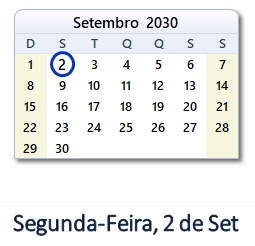 2 Setembro 2030 calendario