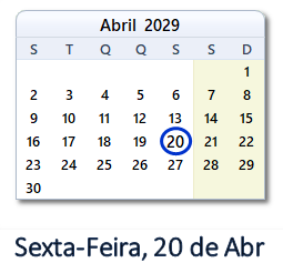 20 Abril 2029 calendario