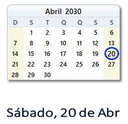 20 Abril 2030 calendario