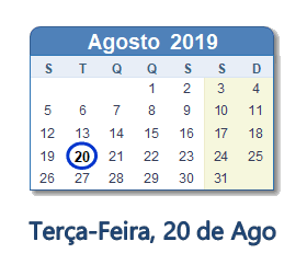 20 Agosto 2019 calendario