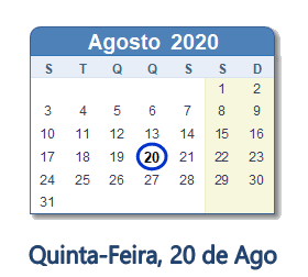 20 Agosto 2020 calendario