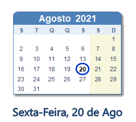 20 Agosto 2021 calendario