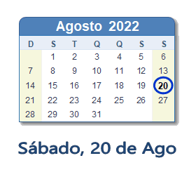 20 Agosto 2022 calendario