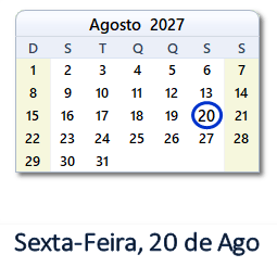 20 Agosto 2027 calendario